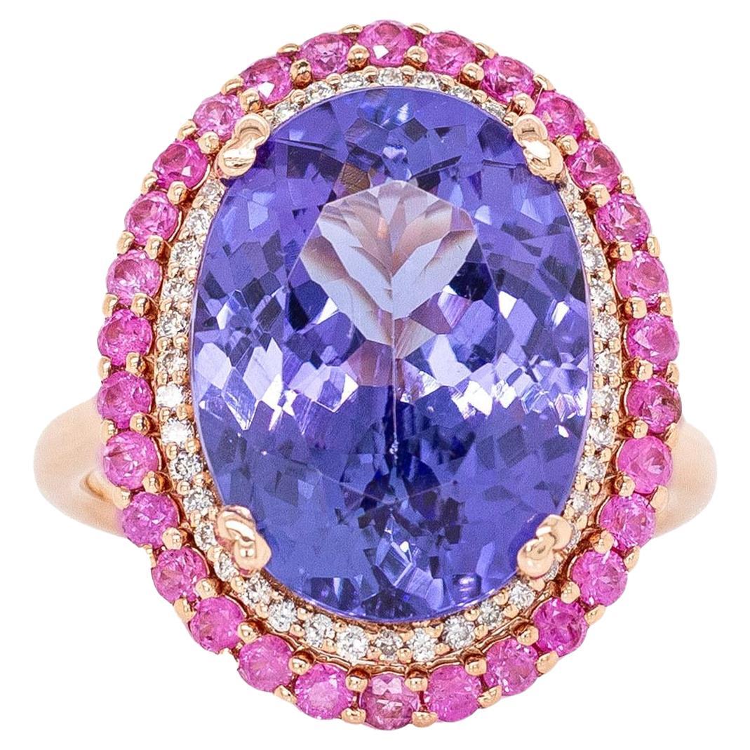 Anello con tanzanite da 9,67 carati e zaffiro rosa: oro massiccio 14k, ovale 16x12mm