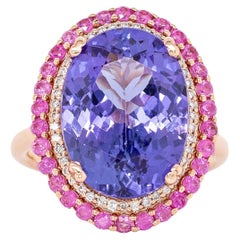 9.67cts Tanzanite Ring with Pink Sapphire Halo: 14k Solid Gold, Oval 16x12mm