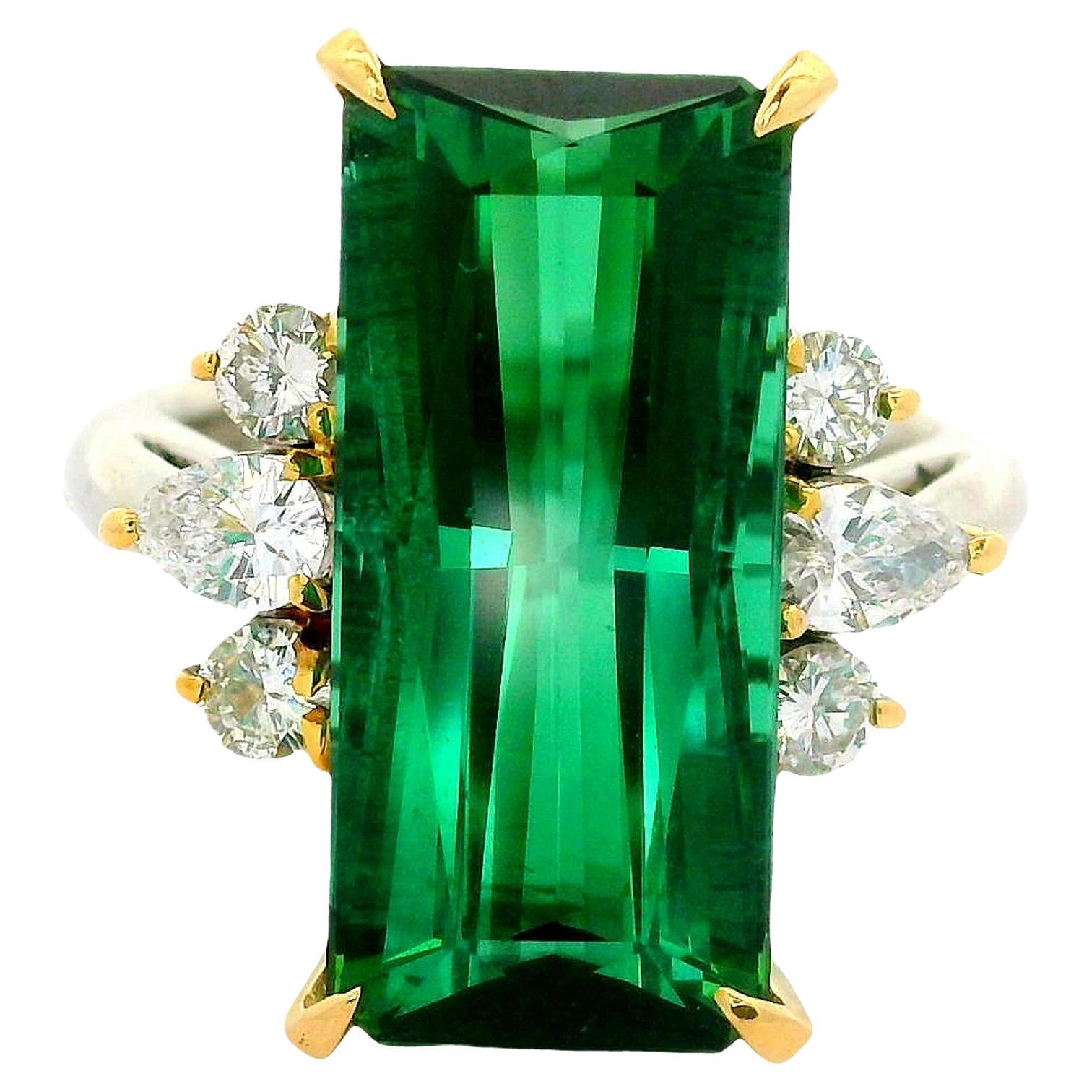 9.68 Carat Green Tourmaline Diamond Platinum 18K Yellow Gold Ring