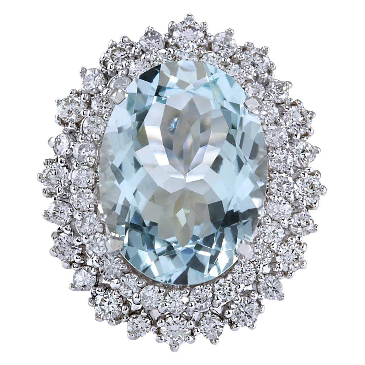Exquisite Natural Aquamarine Diamond Ring In 14 Karat White Gold  For Sale
