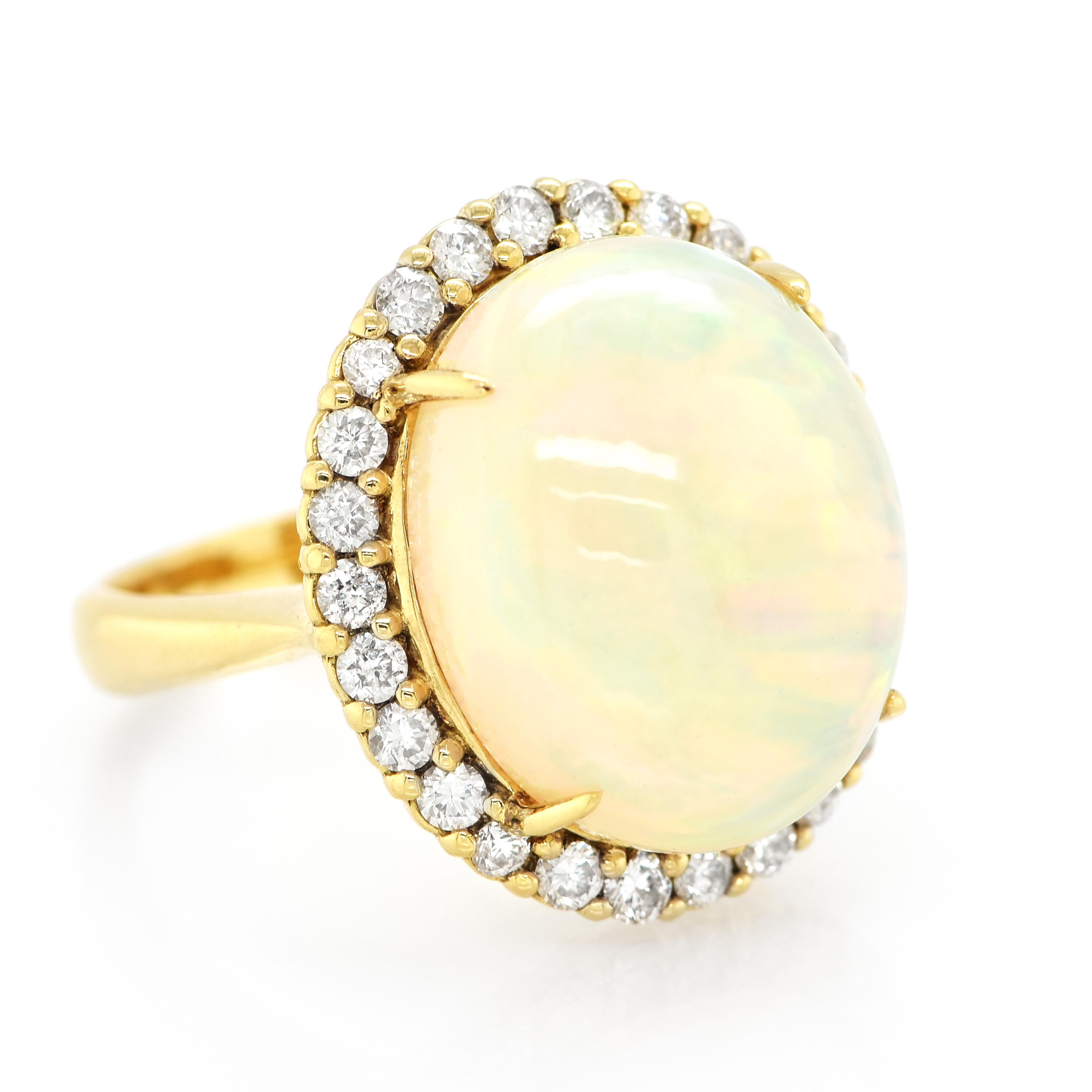 Cabochon 9.68 Carat Natural White, Ethiopian Opal and Diamond Ring Set in 18K Gold
