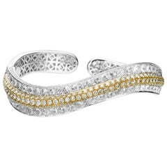 9.68 Carat White Yellow Diamond 18 Karat Gold Wave Cuff Bangle Bracelet