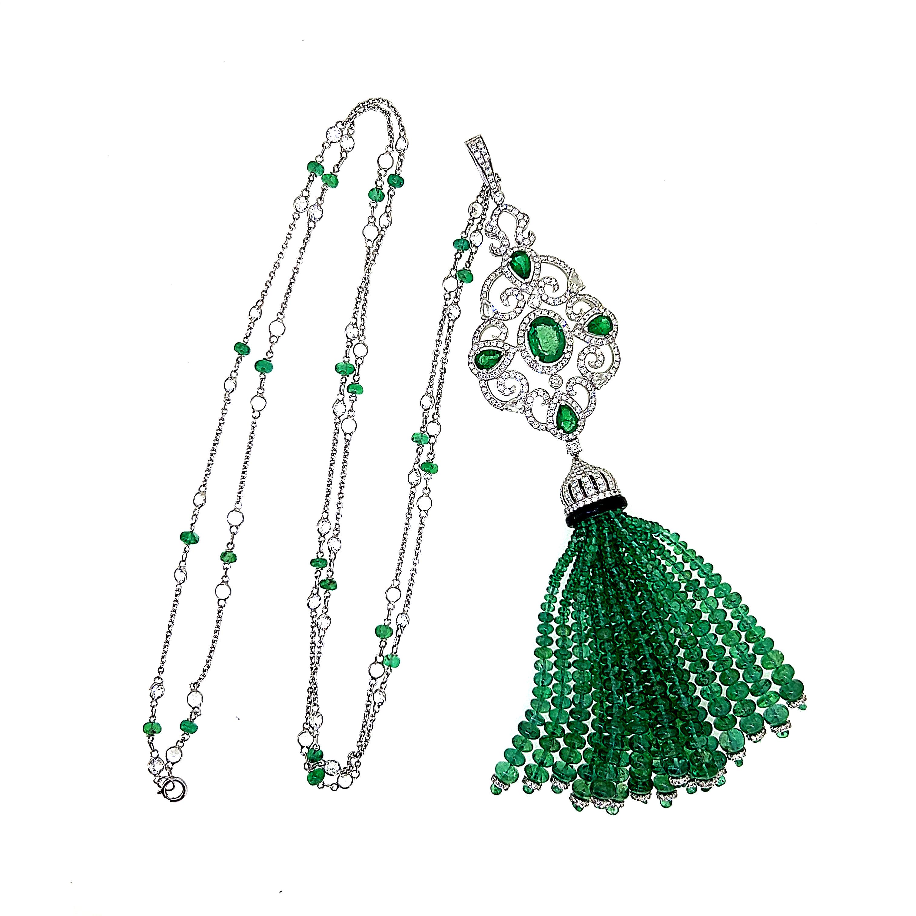 Emerald Cut 96.93 Carats Emerald Diamond and Onyx Tassel Necklace Set on 18 Karat White Gold For Sale