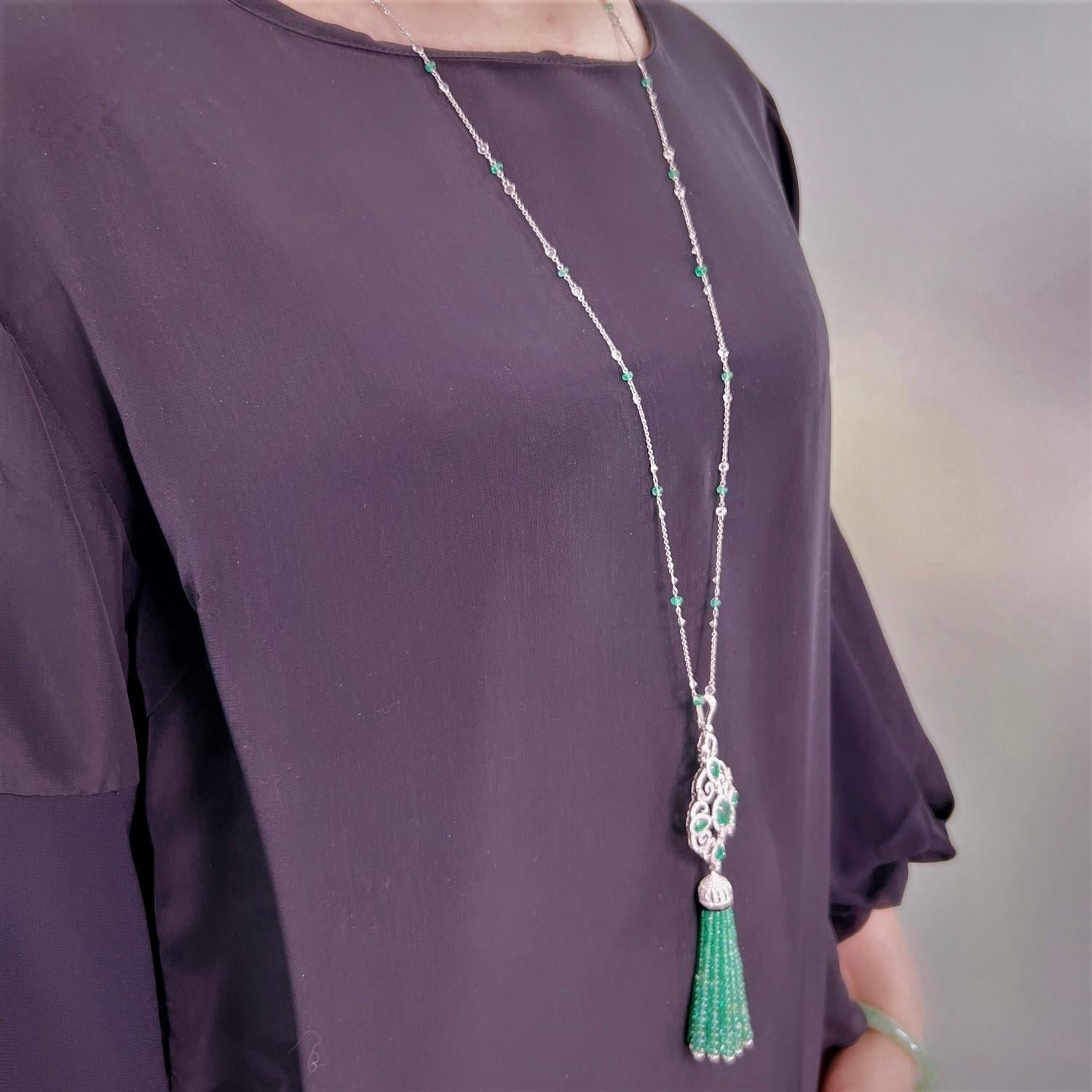 Women's 96.93 Carats Emerald Diamond and Onyx Tassel Necklace Set on 18 Karat White Gold For Sale