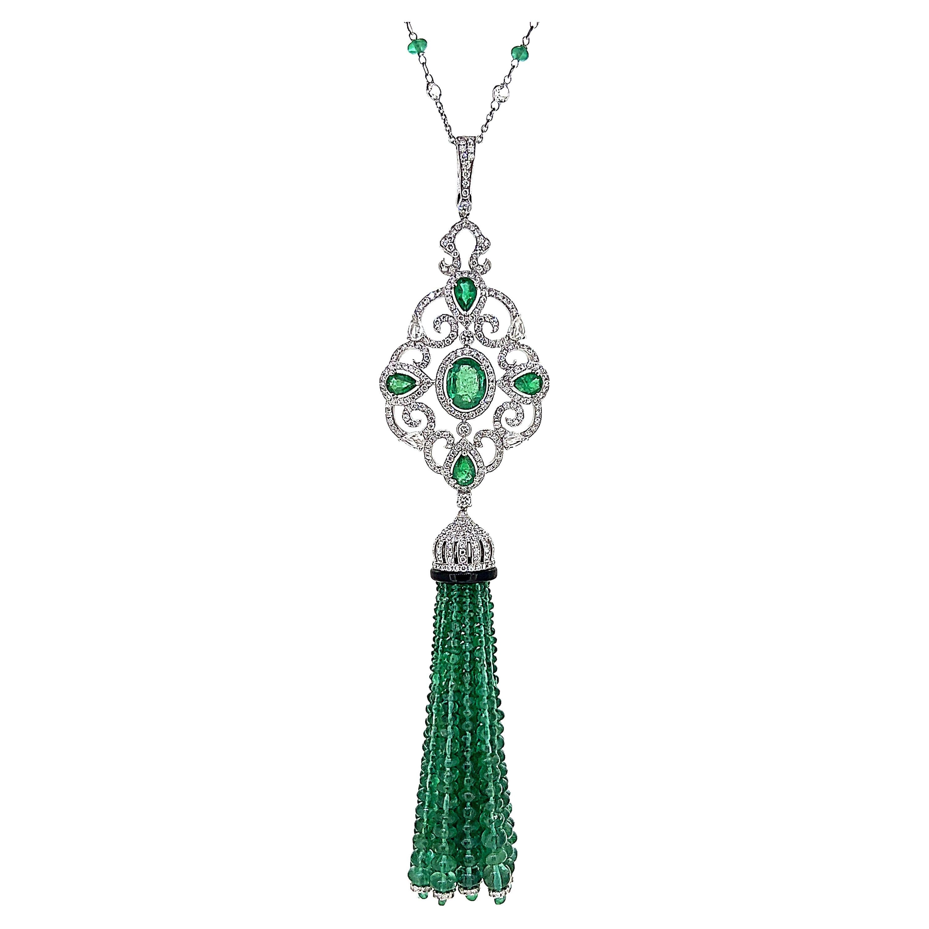 96.93 Carats Emerald Diamond and Onyx Tassel Necklace Set on 18 Karat White Gold