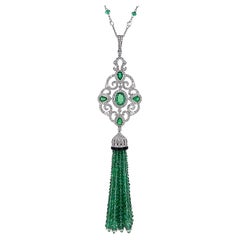 96.93 Carats Emerald Diamond and Onyx Tassel Necklace Set on 18 Karat White Gold