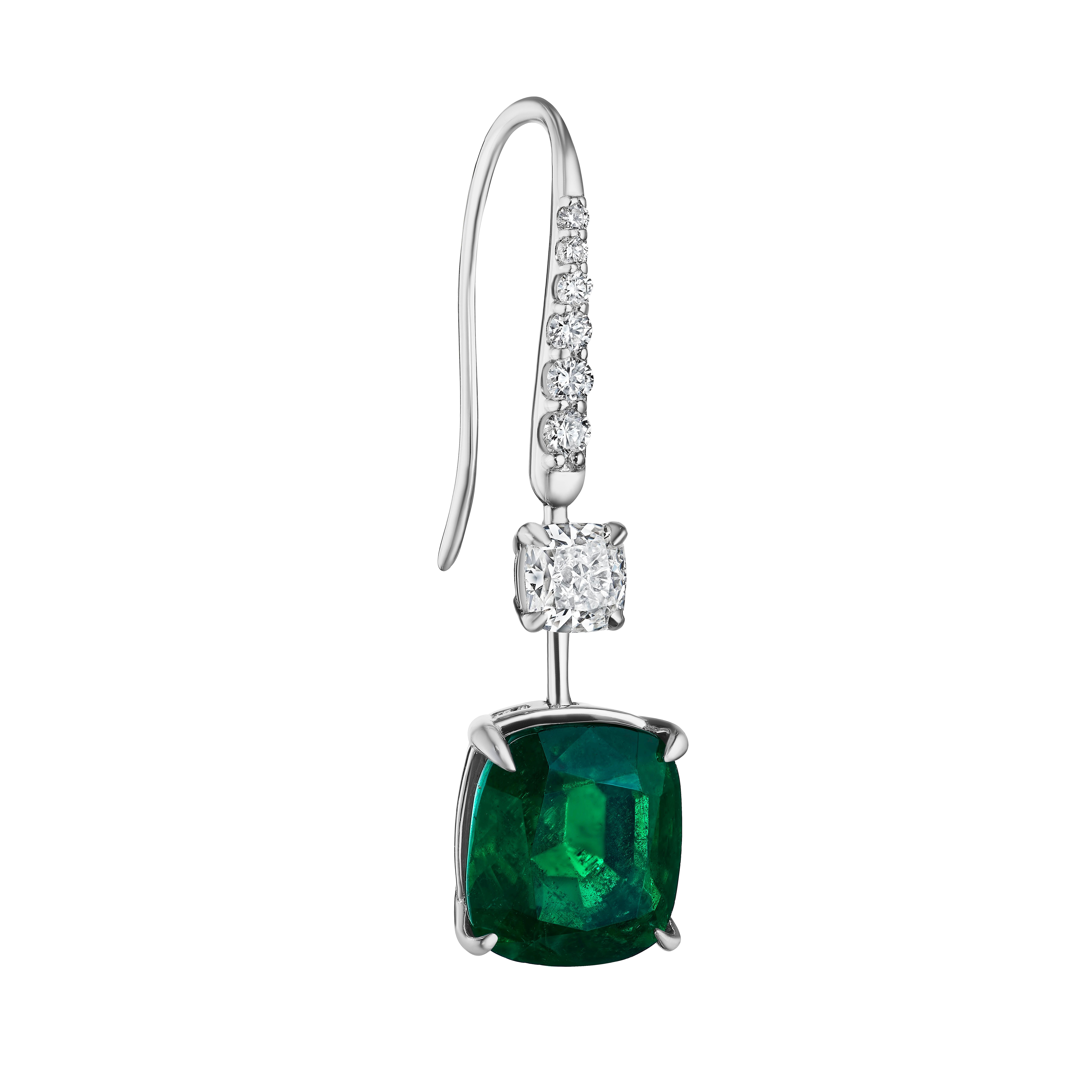 •	18KT White Gold
•	9.96 Carats
•	Sold as a pair

•	Number of Cushion Emeralds: 2
•	Carat Weight: 8.62ctw
•	Measurements: 11 x 10mm

•	Number of Cushion Diamonds: 2
•	Carat Weight: 1.05ctw
•	Color: E-F
•	Clarity: SI1
•	GIA: 5326474846,