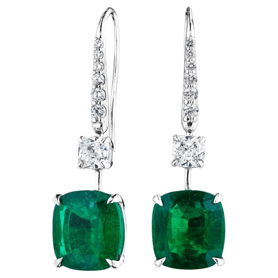 9.69ct Cushion Cut Green Emerald & Diamond Drop Earrings For Sale
