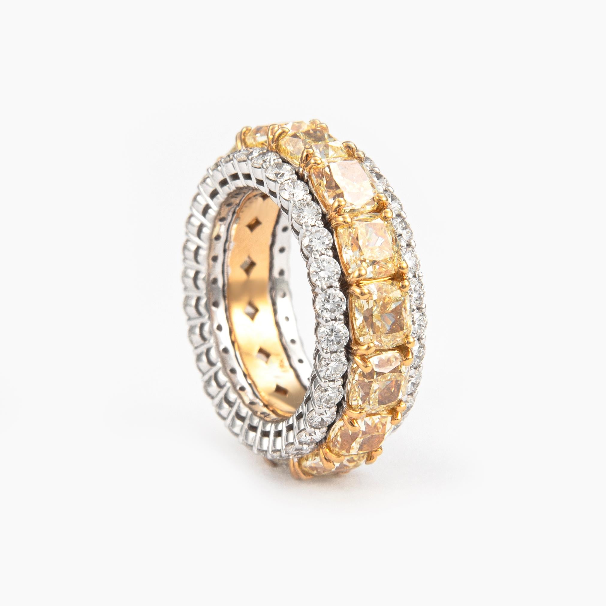 Modern 9.69ct Diamond and Yellow Diamond Stacked Eternity Band 18 Karat Yellow and Gold For Sale