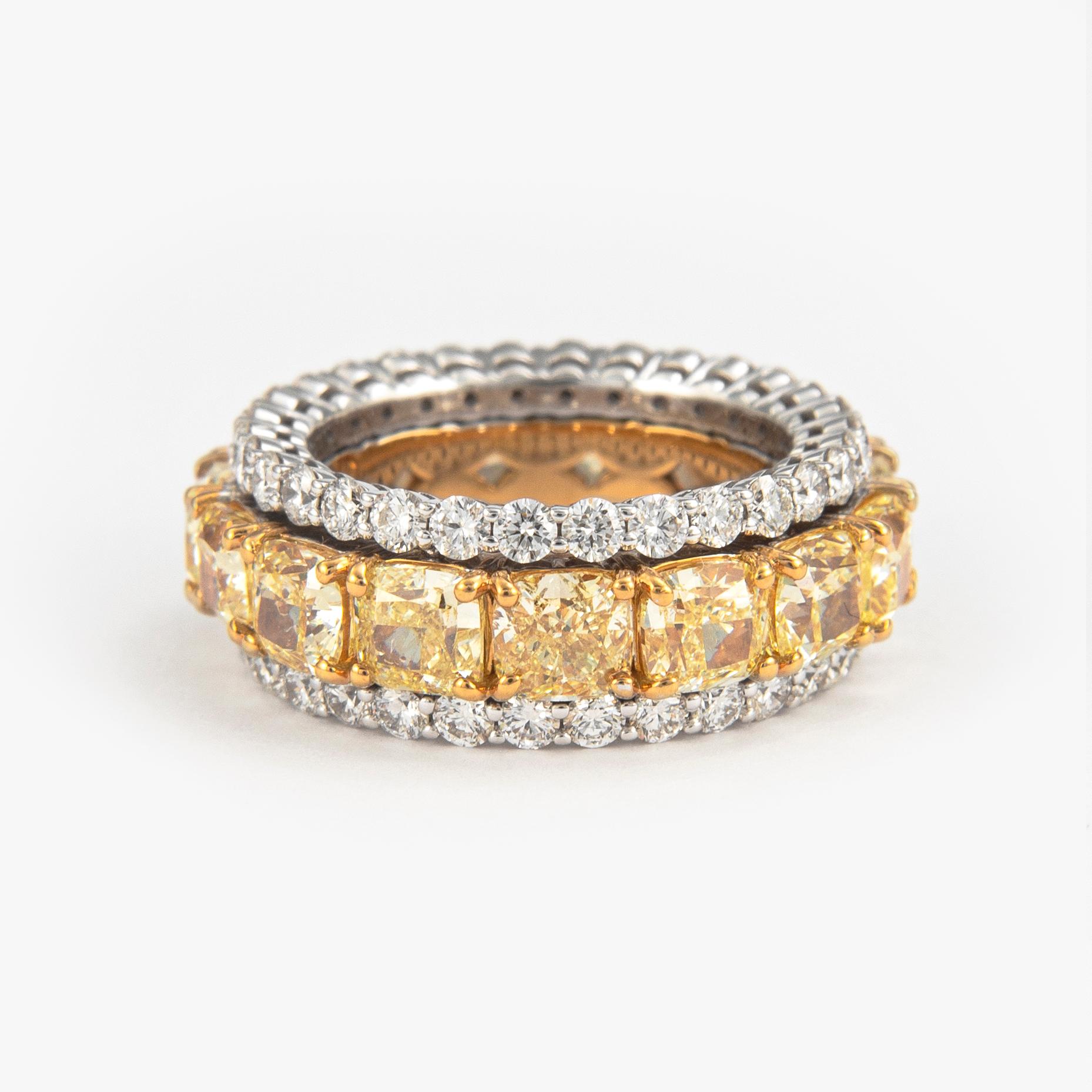 Cushion Cut 9.69ct Diamond and Yellow Diamond Stacked Eternity Band 18 Karat Yellow and Gold For Sale