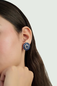 9.69ct Royal Blue Sapphire & Diamond Floral Halo Stud Earrings in 14K White Gold
