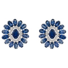 9.69ct Royal Blue Sapphire & Diamond Floral Halo Stud Earrings in 14K White Gold