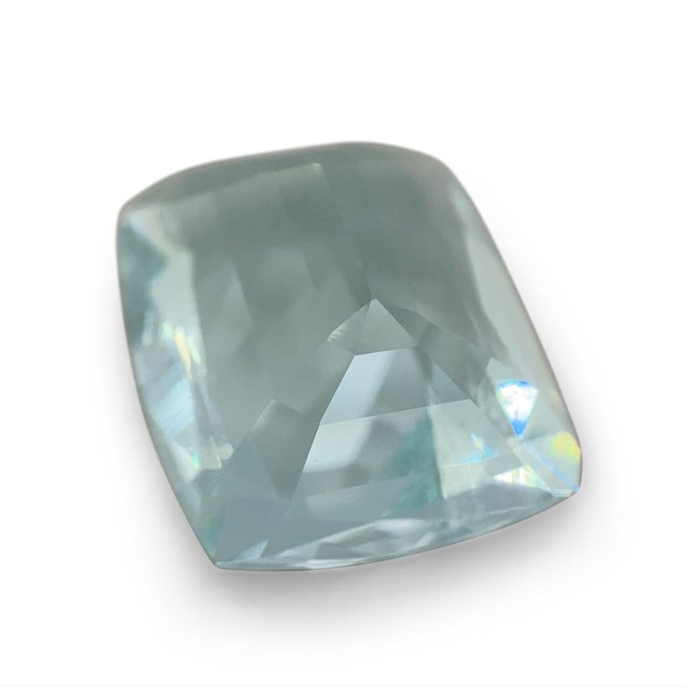 Description:

Gem Type: Aquamarine 
Number of Stones: 1
Weight: 9.6 cts
Measurements: 14.72 x 12.26 x 7.71 mm
Shape: Cushion
Cutting Style Crown: Brilliant Cut
Cutting Style Pavilion: Step Cut 
Transparency: None
Clarity: Very Slightly Included: Eye