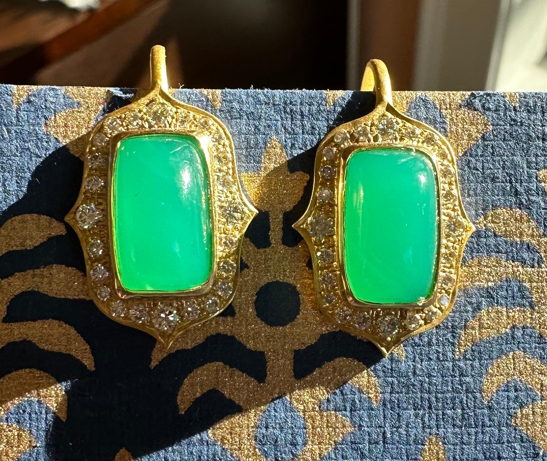 Artisan .96cts Diamonds, Green Chrysoprase & 18kt Gold Earrings by Lauren Harper For Sale