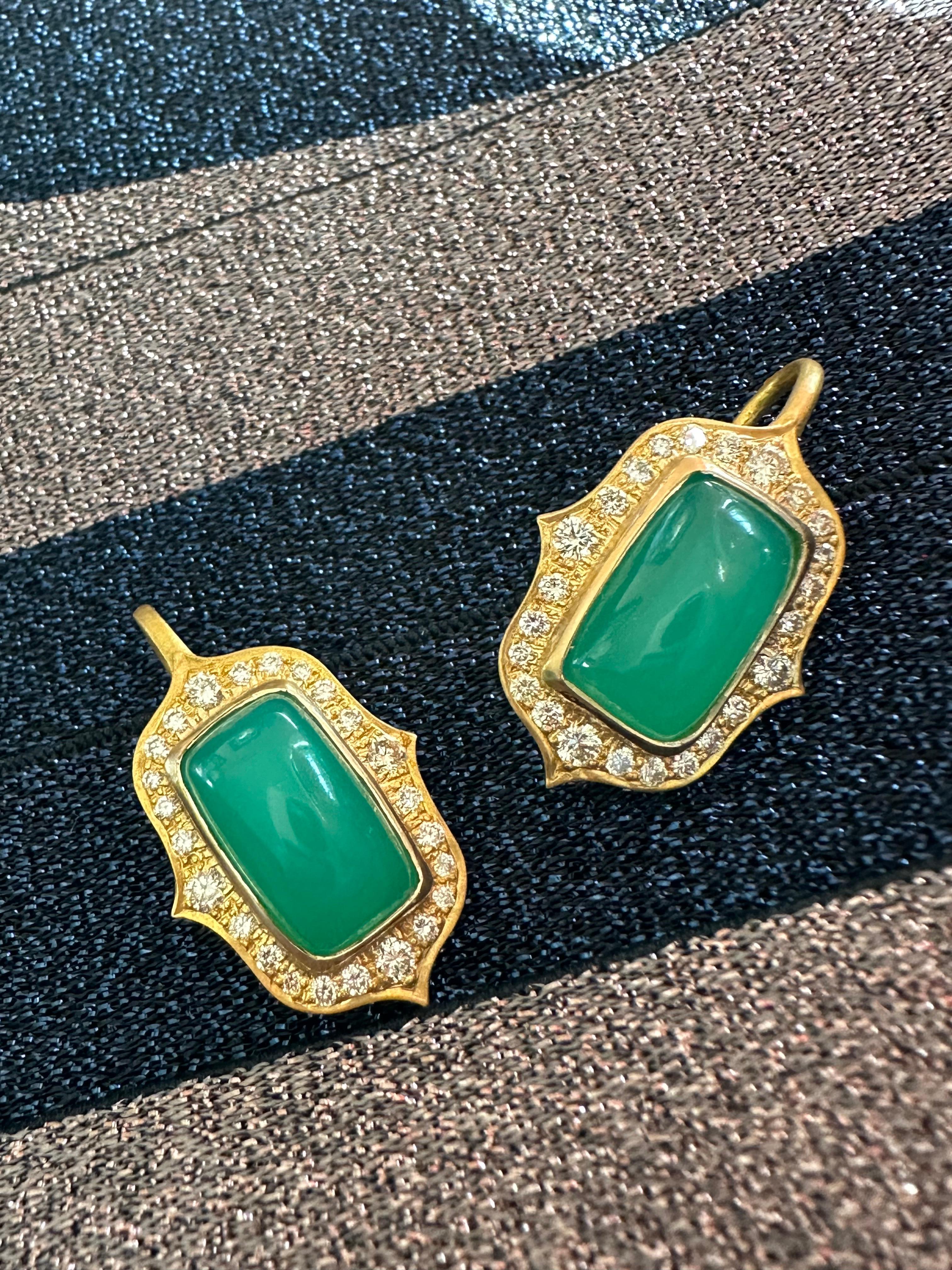 Cabochon .96cts Diamonds, Green Chrysoprase & 18kt Gold Earrings by Lauren Harper For Sale