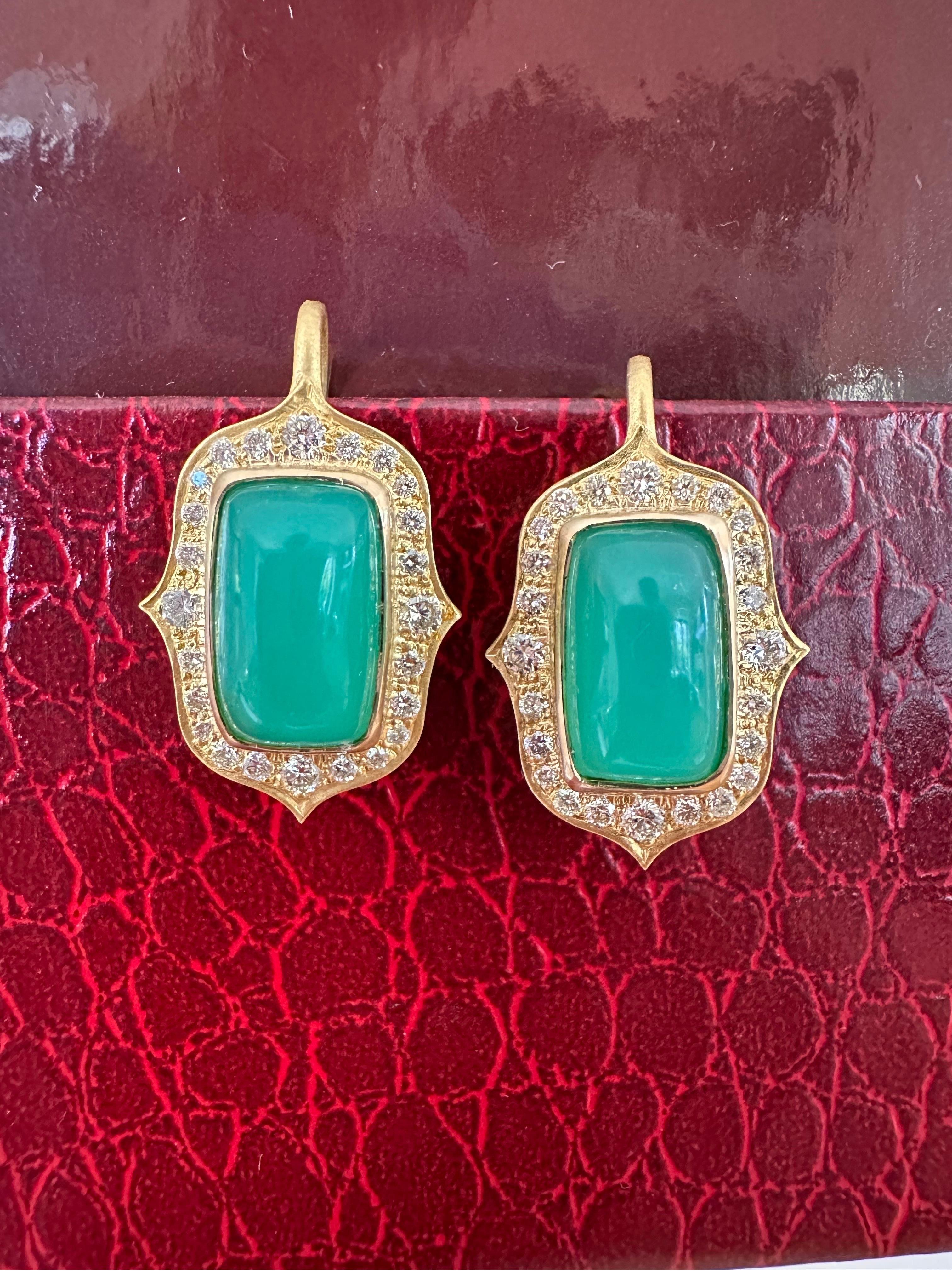 Women's .96cts Diamonds, Green Chrysoprase & 18kt Gold Earrings by Lauren Harper For Sale