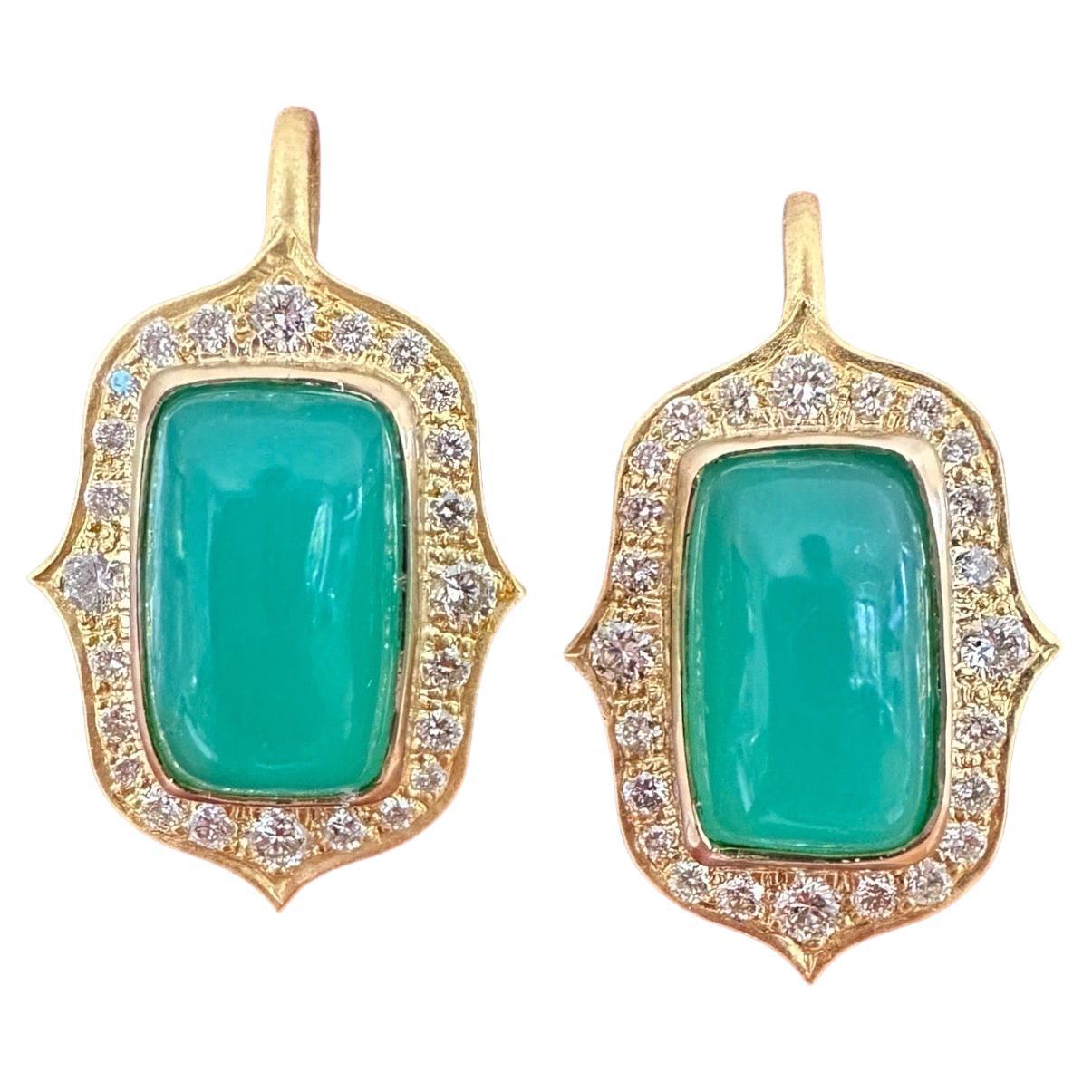 .96cts Diamonds, Green Chrysoprase & 18kt Gold Earrings by Lauren Harper For Sale