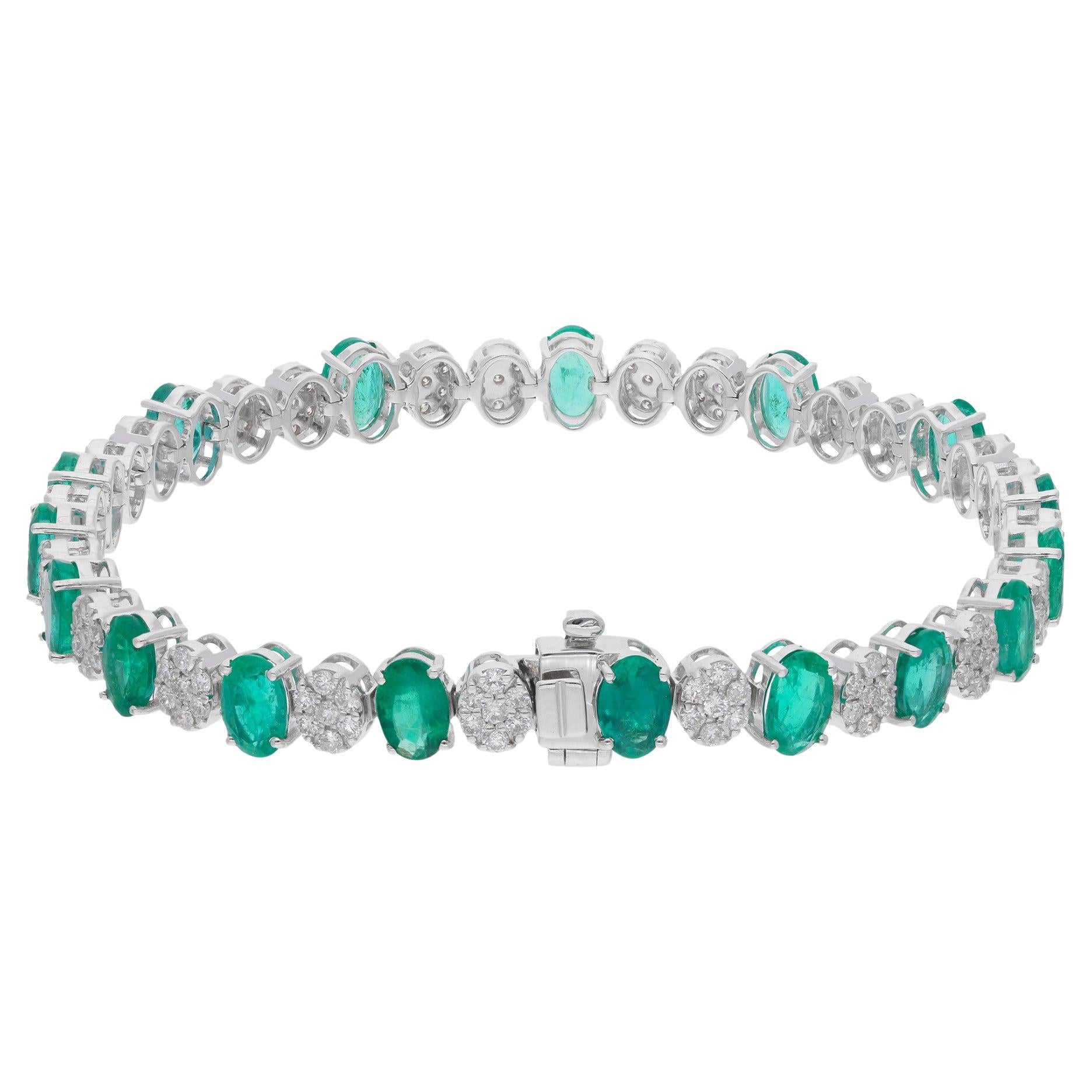 De las mujeres Esmeralda zambiana ovalada de 9,6 TQW Pulsera de tenis de diamantes SI/H Oro blanco macizo de 14k en venta