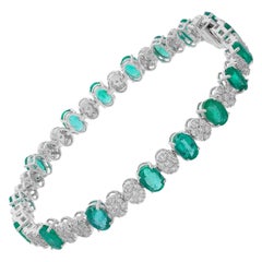 9.6TCW Oval Zambian Emerald SI/H Diamond Tennis Bracelet 14k Solid White Gold