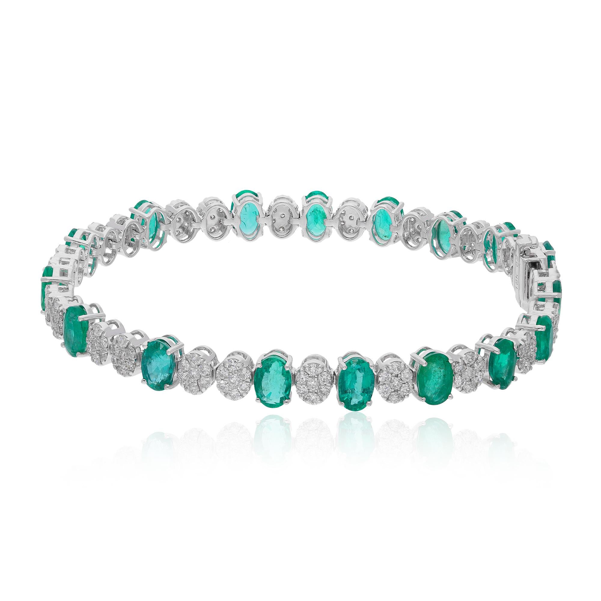 Art Nouveau 9.6TCW Oval Zambian Emerald SI/H Diamond Tennis Bracelet 18k Solid White Gold For Sale