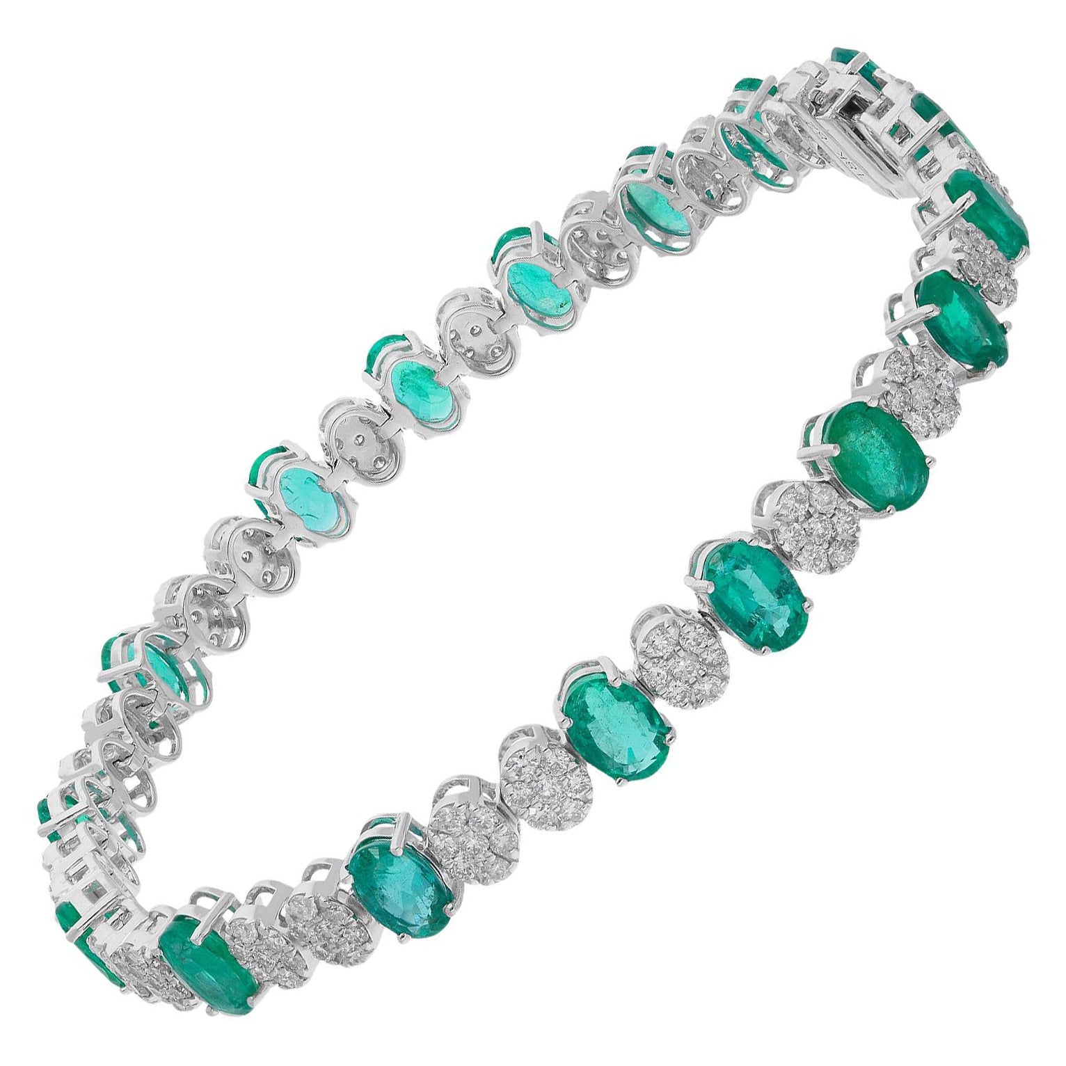 Esmeralda zambiana ovalada de 9,6 TQW Pulsera de tenis de diamantes SI/H Oro blanco macizo de 18k