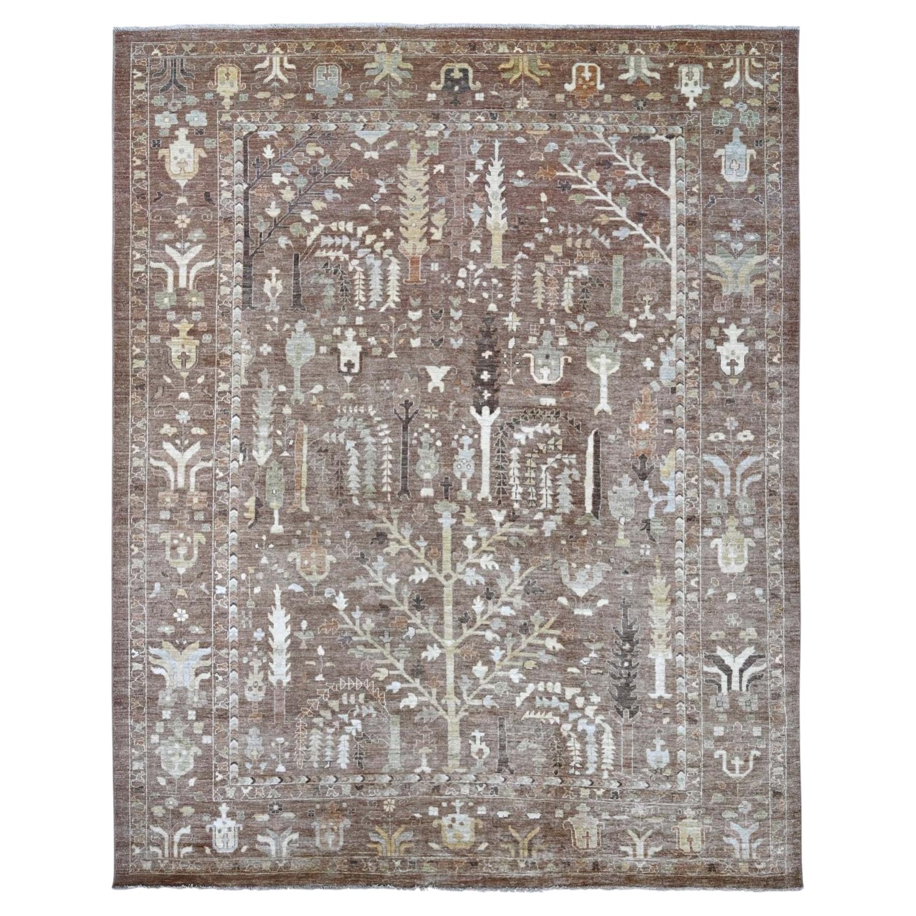 9'6"x11'8" Cedar Brown Afghan Angora Oushak Tree Design Hand Knotted Wool Rug For Sale