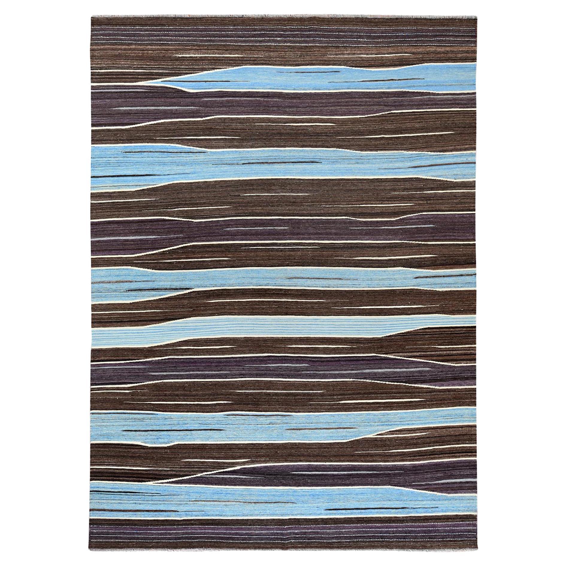 9'6 "x12' Tappeto in lana Kilim a trama piatta intrecciato a mano con disegni di montagne marroni e blu