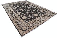 9.6x12.4 ft Hand Knotted Wool Area Rug in Black and Ivory. Floral Oushak Carpet