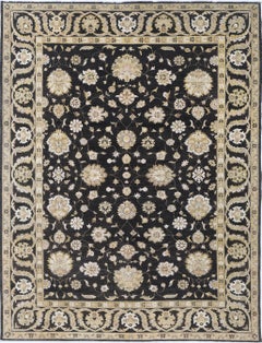 9.6x12.4 ft Hand Knotted Wool Area Rug in Black and Ivory. Floral Oushak Carpet