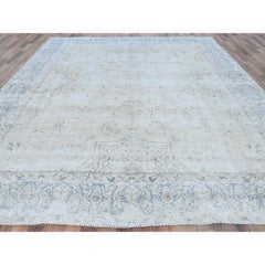 9'6 "x12'6" Avorio Annodato a mano, Lana Usata Look Distressed Tappeto Persiano Antico Kerman
