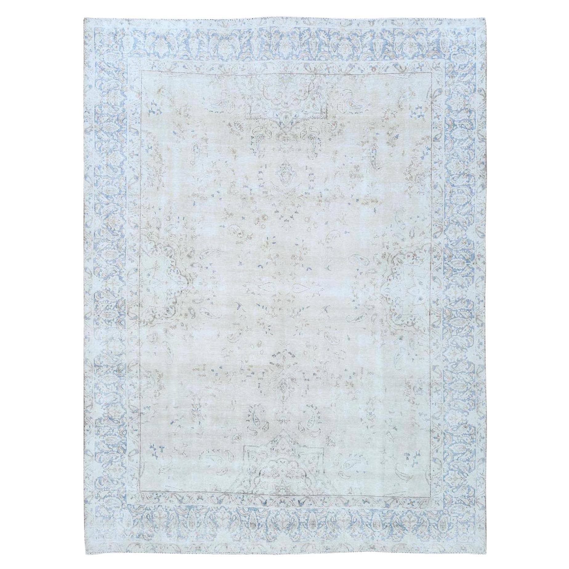 9
6"x12
6" Ivory Hand Knotted, Worn Wool Distressed Look Old Persian Kerman Rug For Sale