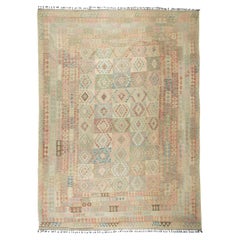 9.6x13.3 Ft Retro Turkish Kilim Rug, Flatweave Wool Carpet, Soft Pastel Colors