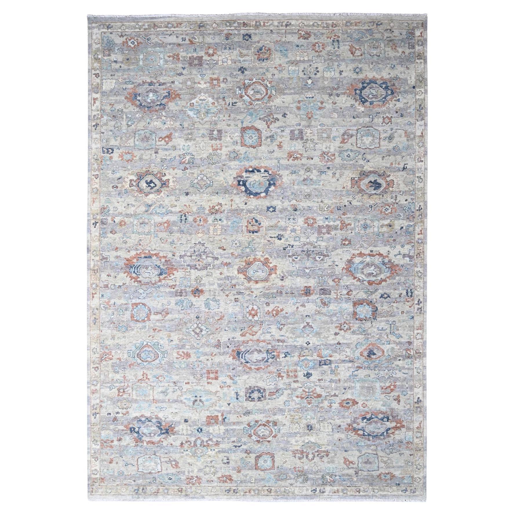 9
6 "x13
7" Tapis en laine nouée à la main Abrash Persian gris avec motif de feuilles sur toute la surface