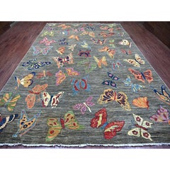 9'6"x13'8" Gray Afghan Peshawar Butterfly Design Hand Knotted Wool Oriental Rug