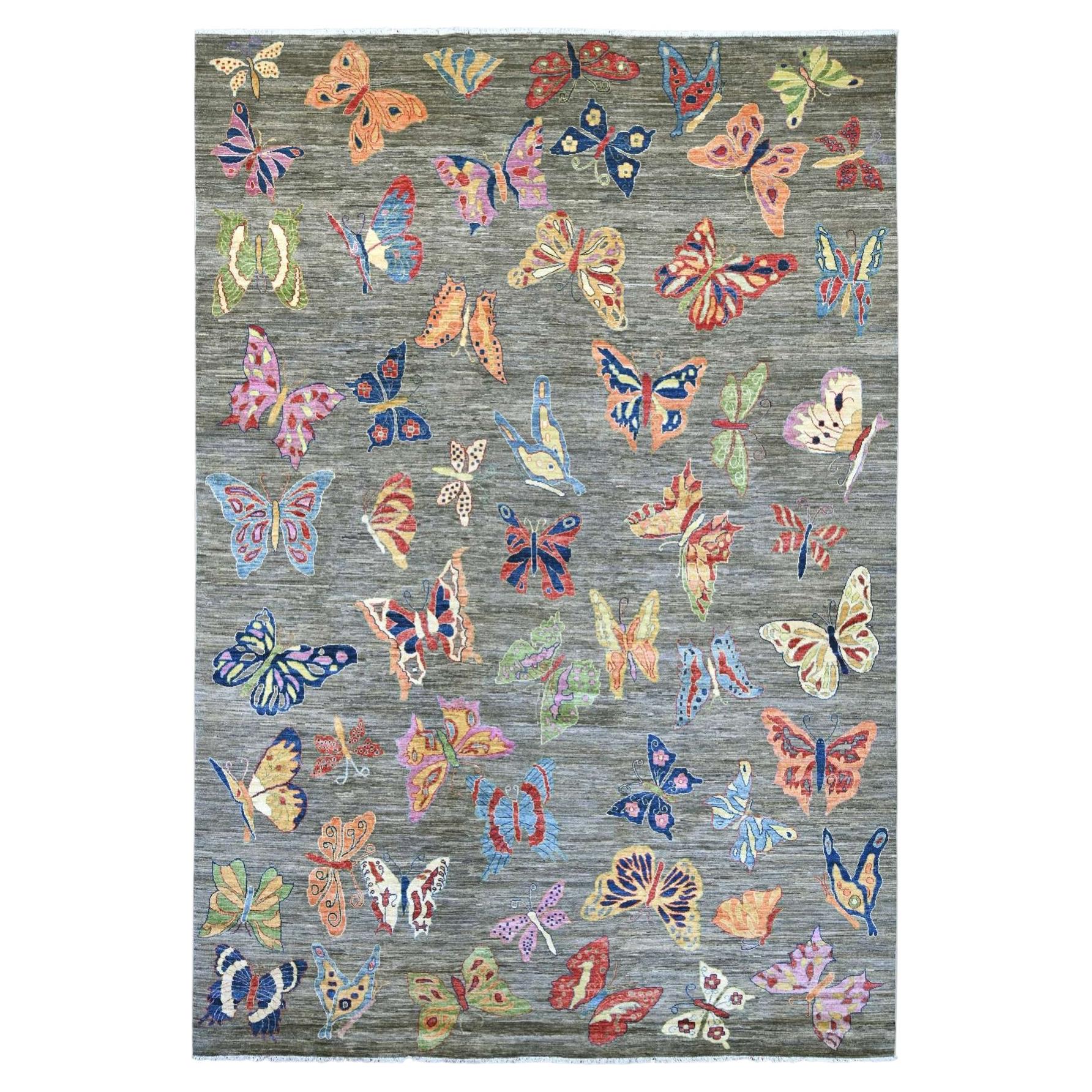 9'6"x13'8" Gray Afghan Peshawar Butterfly Design Hand Knotted Wool Oriental Rug