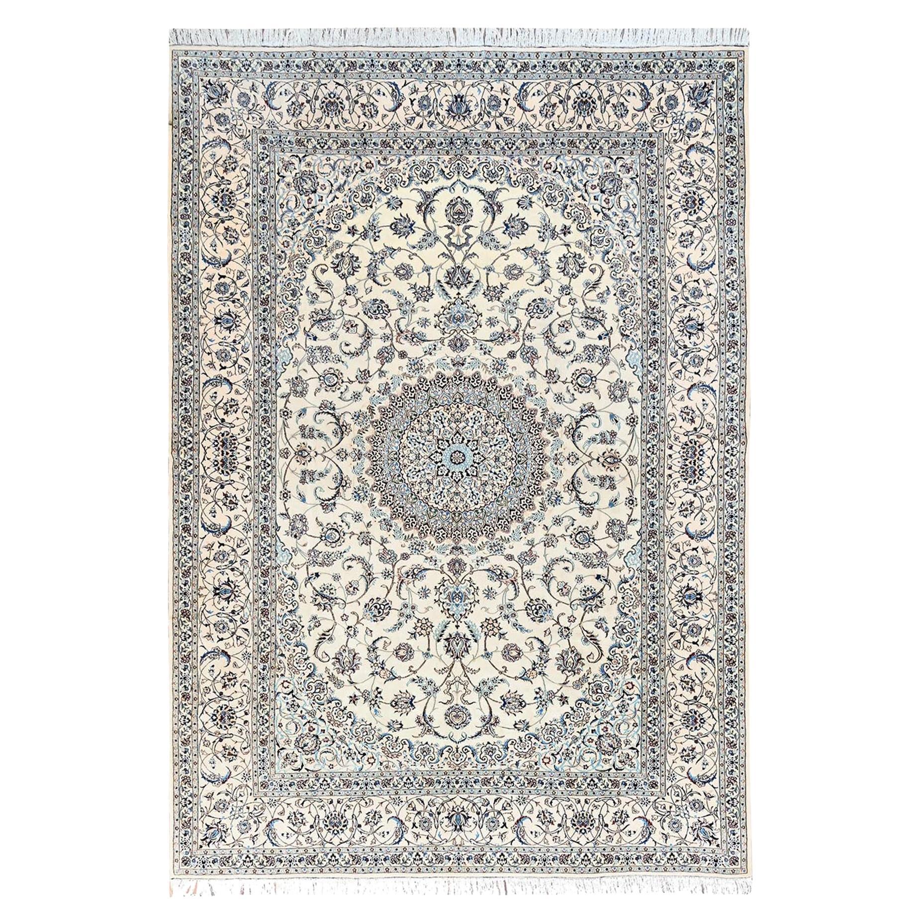 9'6"x14' Ivory Zoroastrian Nain Medallion Design Wool & Silk Hand Knotted Rug