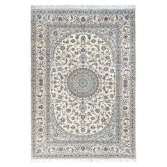9'6 "x14' Tappeto persiano avorio Nain con disegno a medaglione in lana e seta annodato a mano
