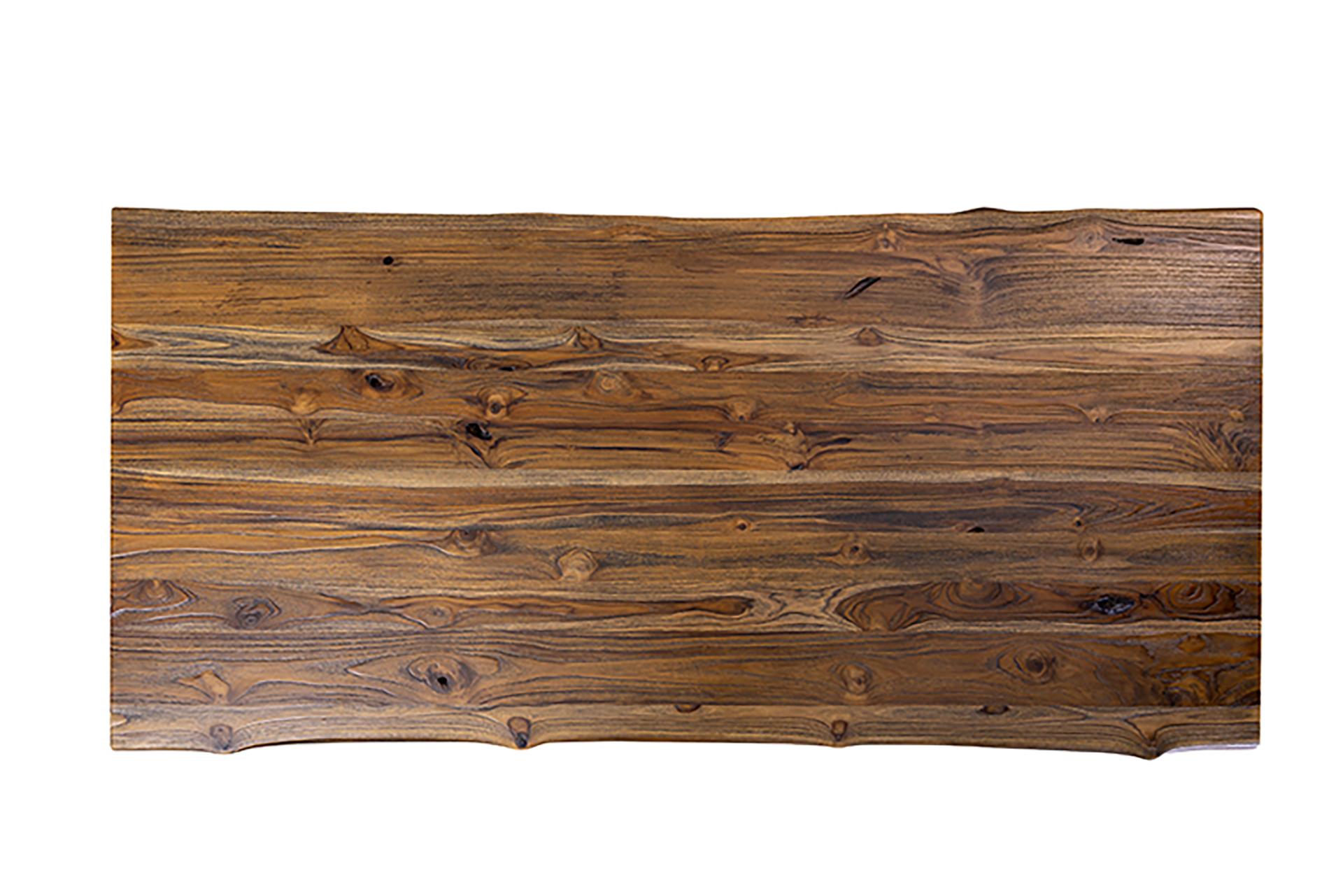 Hand-Crafted Solid Teak Organic Distressed Rectangular Live Edge Table with Metal Legs For Sale