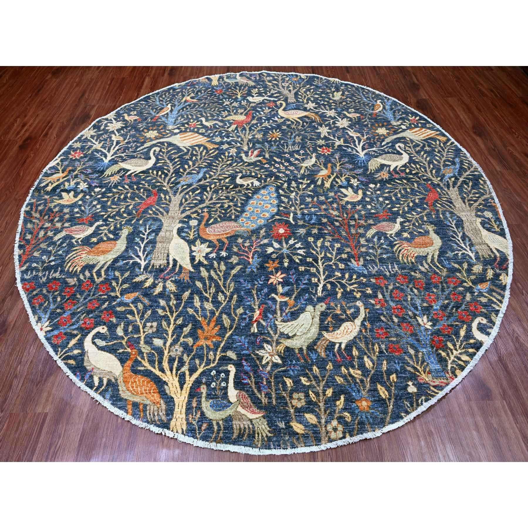 Aegean Blue, Hand Knotted, Afghan Peshawar with Birds of Paradise Design, Soft and Velvety Wool, Natural Dyes, Round, Oriental Rug
Primary materials: Wool
Latex: No Pile 
height: 0.25 Inches
Style: Transitional
Primary color: Blue
Secondary colors: