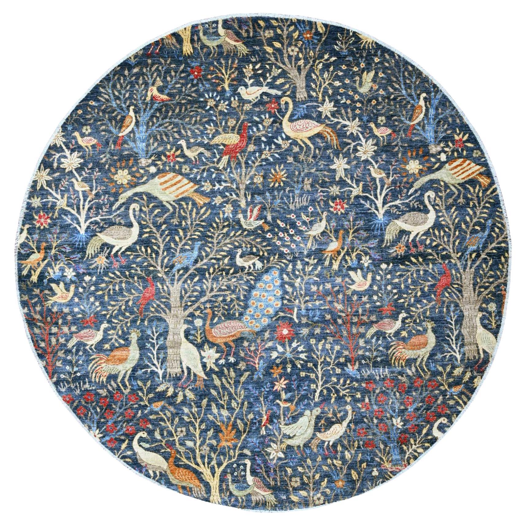 9'6"x9'6" Blue Hand Knotted Peshawar Birds of Paradise Design All Wool Round Rug