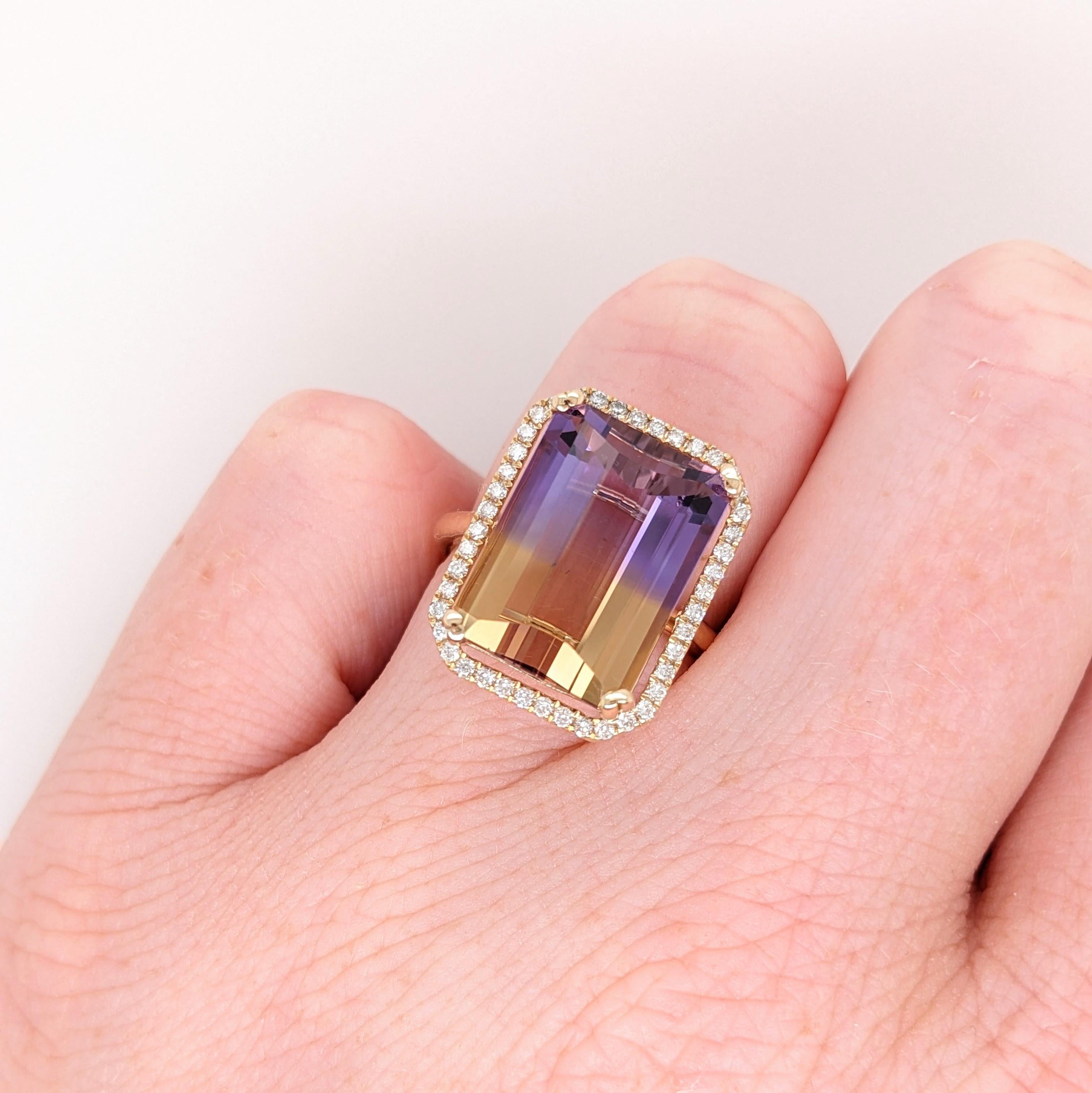 Specifications:

Item Type: Ring
Stone: Ametrine
Stone size: 16x12mm
Stone weight: 9.70cts
Treatment: Heated
Hardness: 7
Cut: Faceted 
Clarity: Eye-clean

Shape: Emerald Cut
Cut: Faceted / Barrel Cut

14k Gold Wt: 4.33gms
Diamonds S/I GH:
