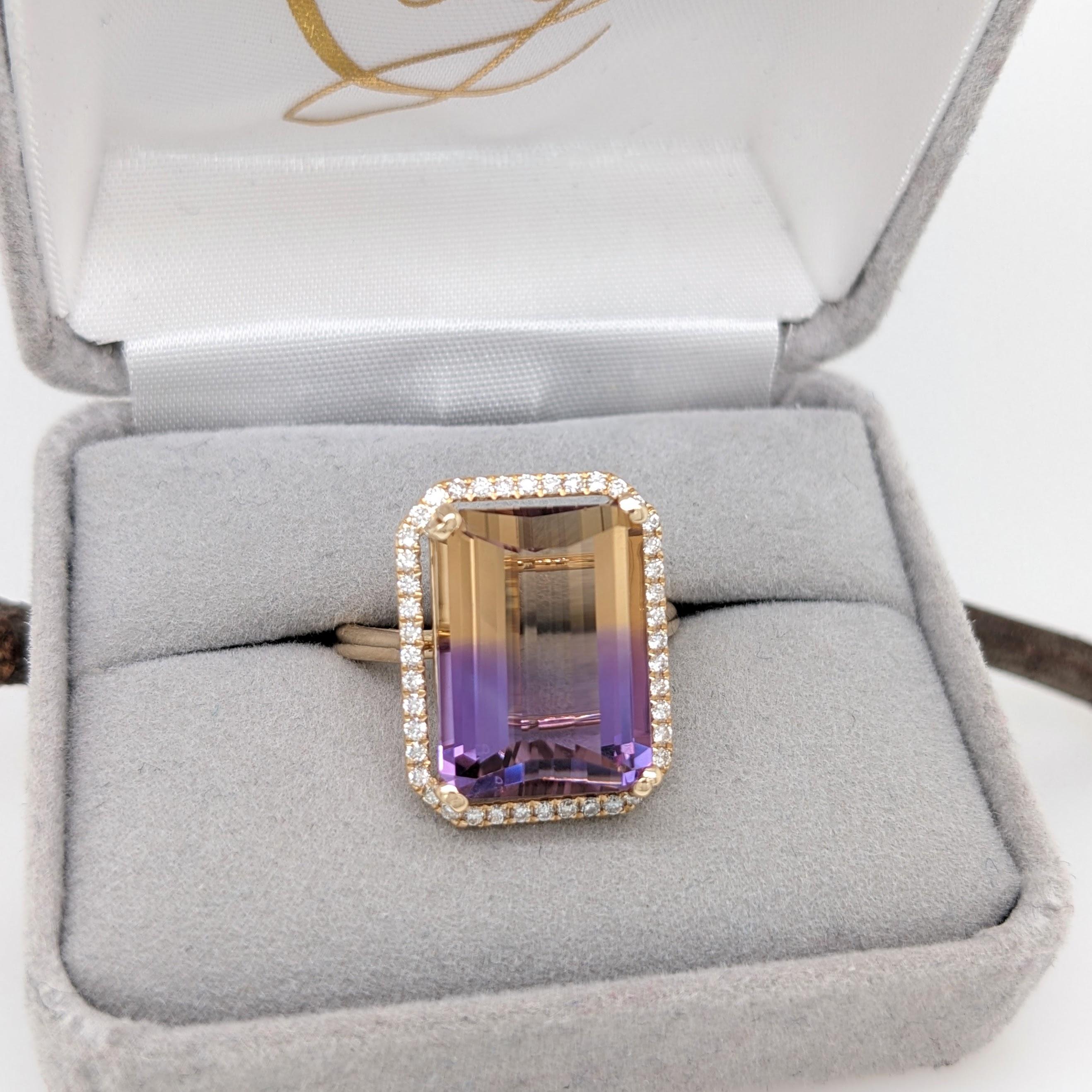 Women's 9.7 carat Ametrine Ring w All Natural Diamond Halo in Solid 14k Yellow Gold