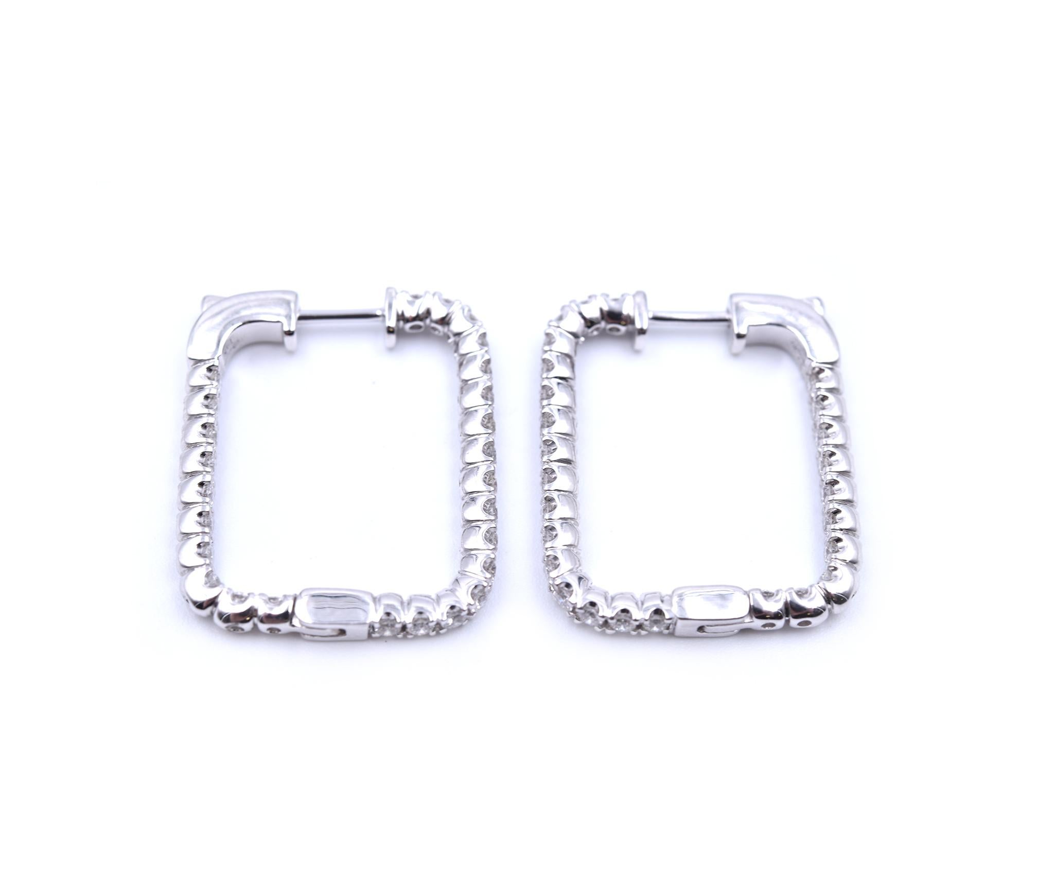 Women's or Men's .97 Carat Diamond 14 Karat White Gold Square Diamond Earring Hoops