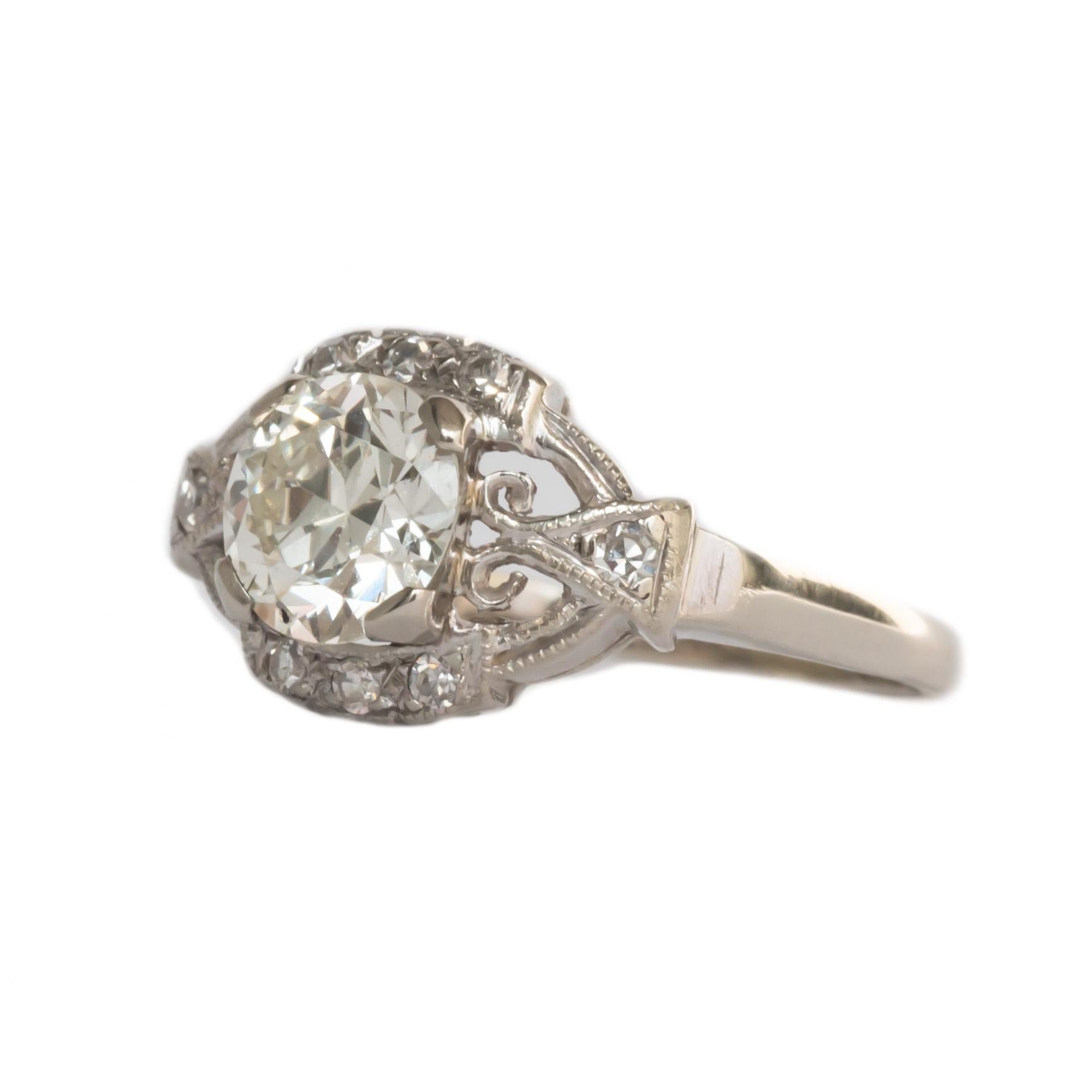 Item Details: 
Ring Size: 4.25
Metal Type: Platinum  [Hallmarked & Tested]
Weight: 3 grams

Center Stone Details:
Weight: .97 carat
Cut: Old European Brilliant
Color: I-J
Clarity: VS1

Side Stone Details: 
Shape: Old European
Total Carat Weight: .10