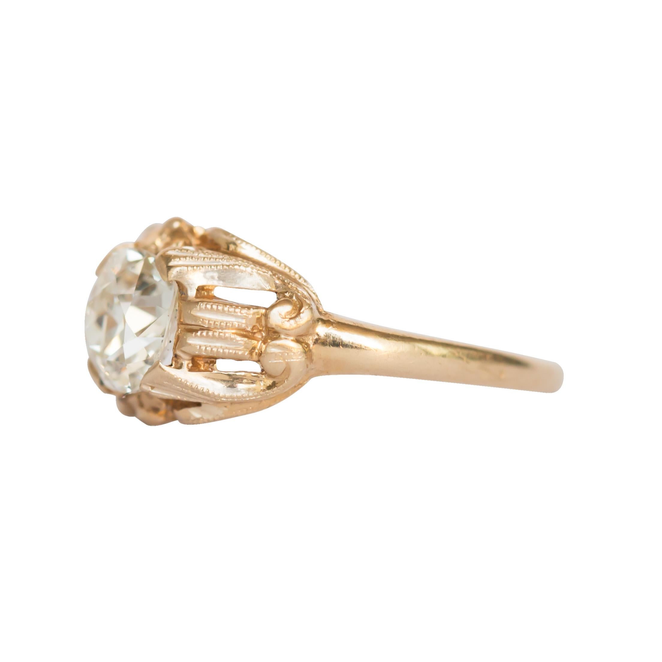 Ring Size: 6.95
Metal Type: 14 karat Yellow Gold 
Weight: 2.8 grams

Center Diamond Details
Shape: Antique Cushion
Carat Weight: .97carat
Color: J
Clarity: SI2


Finger to Top of Stone Measurement: 4.55mm