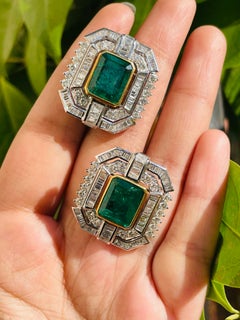 9.7 Carat Emerald Stud Earrings with Diamonds in 18K White Gold