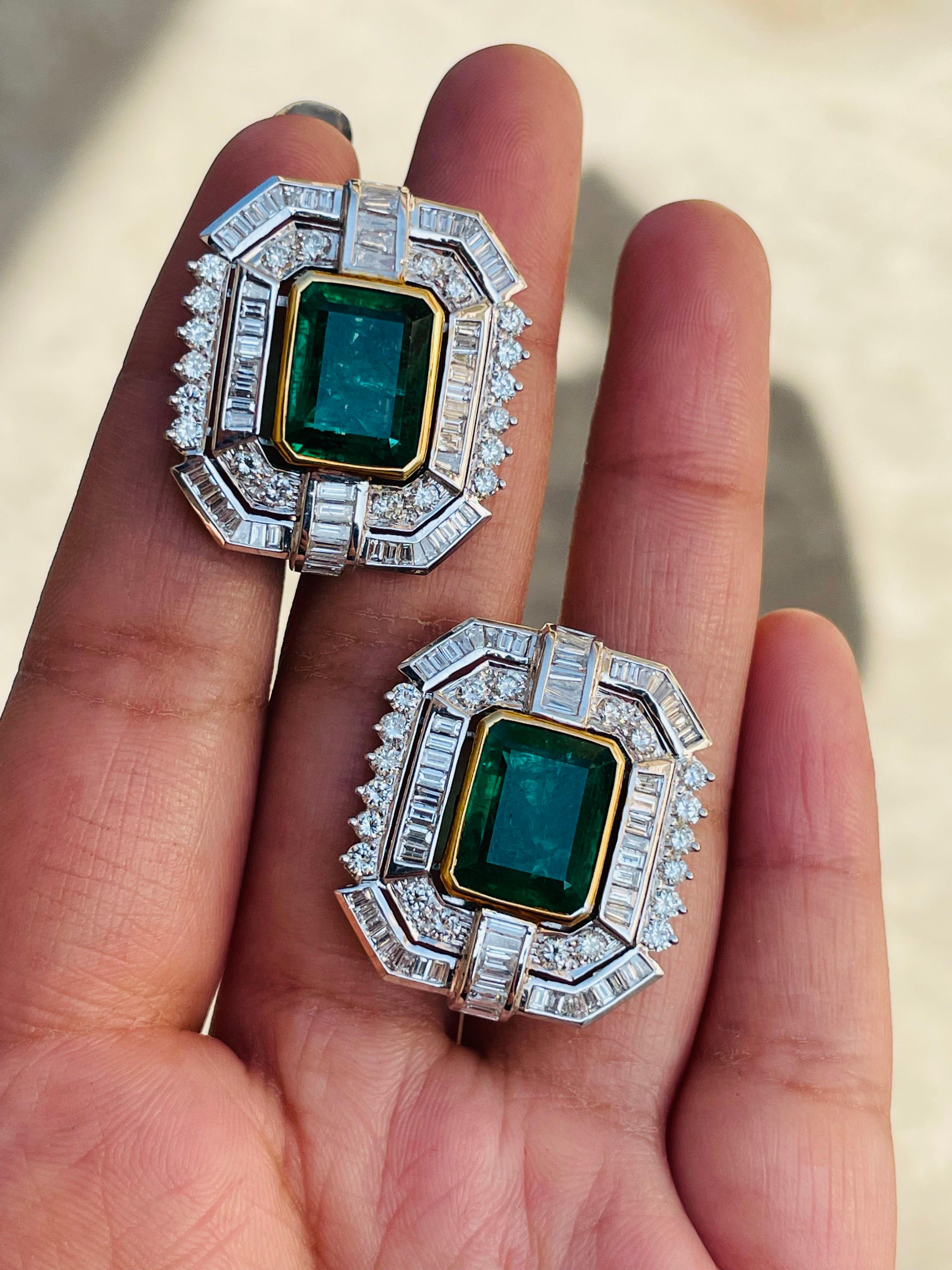 9.7 Carat Emerald Stud Earrings with Diamonds in 18K White Gold In New Condition For Sale In Houston, TX
