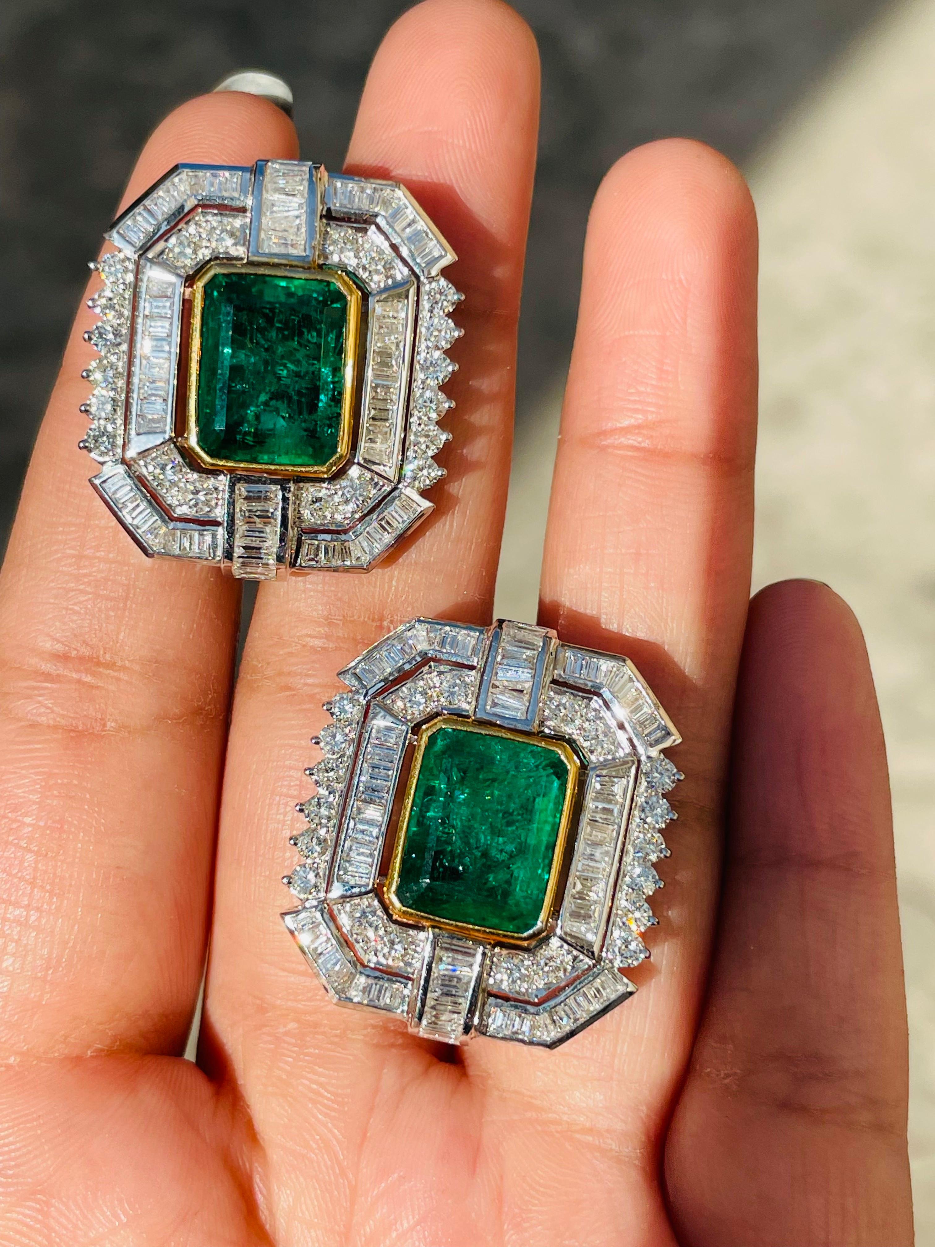 9.7 Carat Emerald Stud Earrings with Diamonds in 18K White Gold For Sale 1
