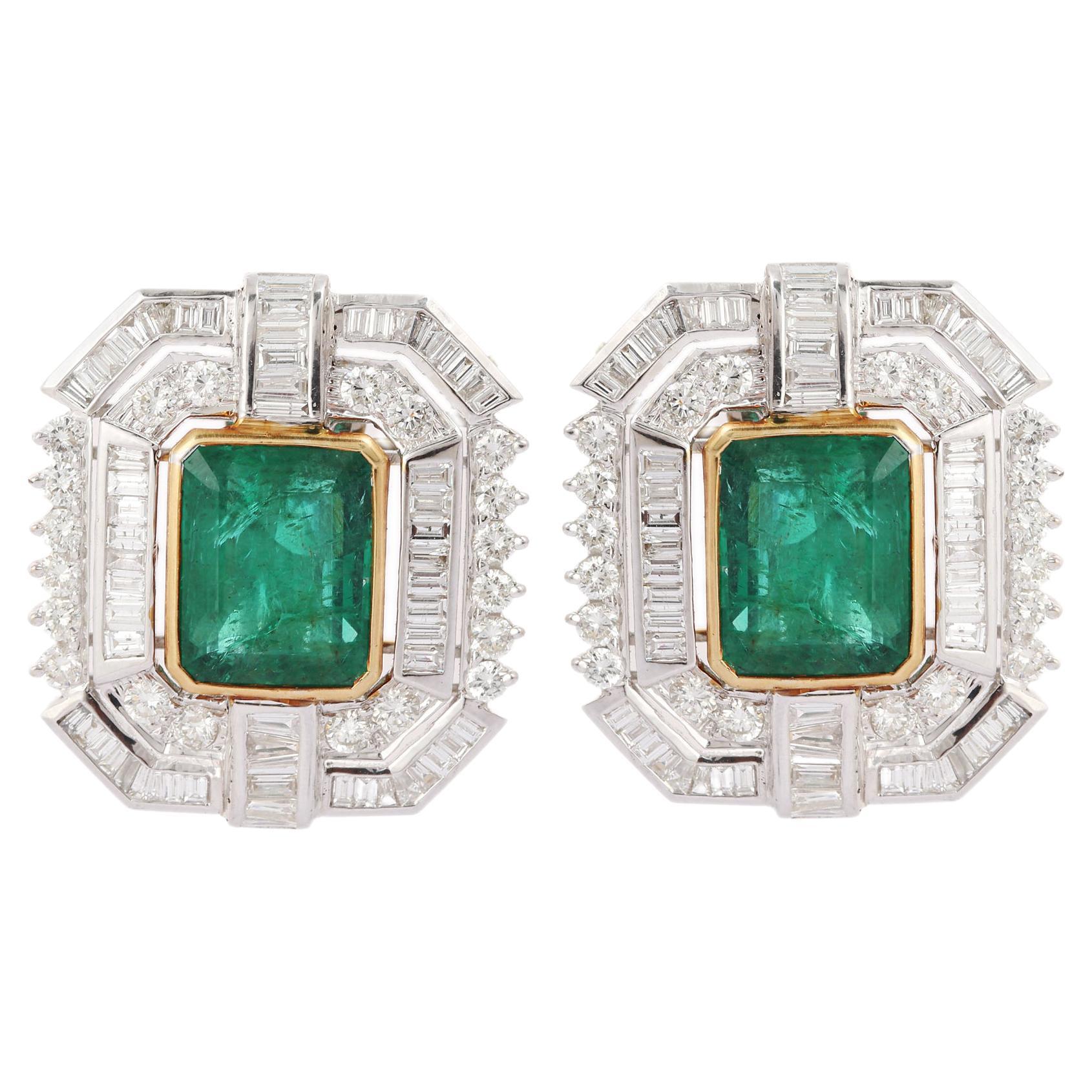9.7 Carat Emerald Stud Earrings with Diamonds in 18K White Gold For Sale