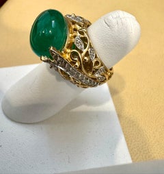 9.7 Carat Zambian Emerald Cabochon + Diamond Cocktail Ring 14 Karat Yellow Gold